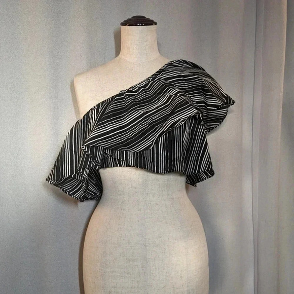 NEW For Love and Lemons One Shoulder Crop Top Striped Black White Medium - Picture 6 of 9